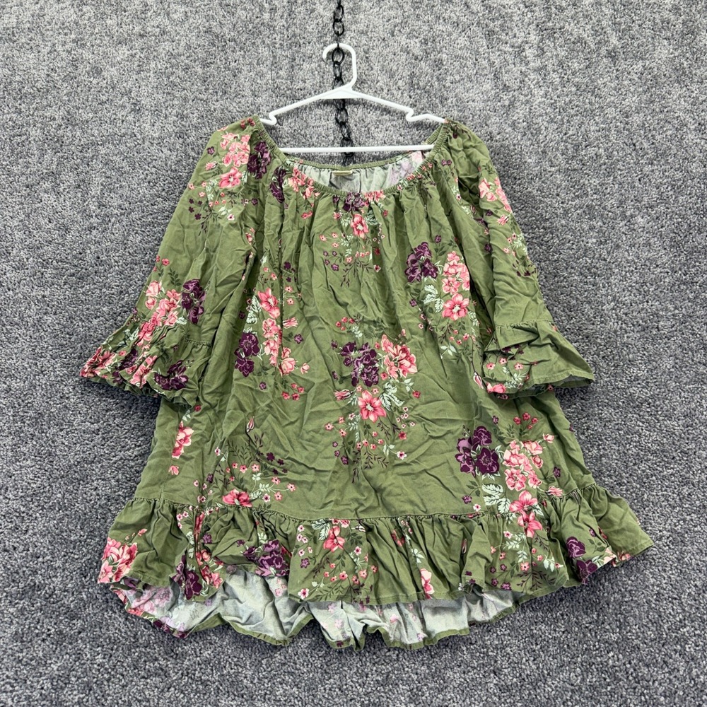 Terra & Sky Peplum Top Womens 1X Olive Leaves Floral Rayon Ruffle Bell Sleeve